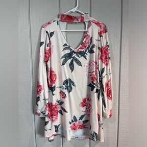Womens Loose Casual Choker V Neck Long Sleeve Bohemian Floral Print Tops Blouse